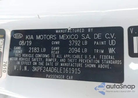 2020 Kia Forte Lxs z USA, uszkodzony, nr VIN 3KPF24AD6LE161915